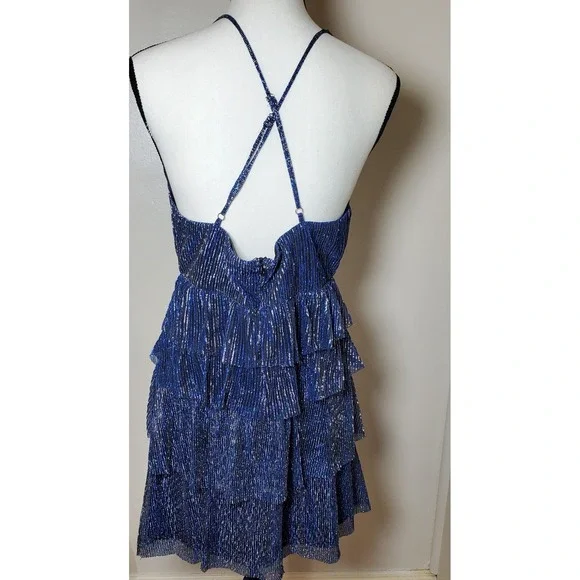 Lulus Blue Silver Metallic Party Mini Dress V Neck Ruffle  Spaghetti Strap large - Picture 6 of 14